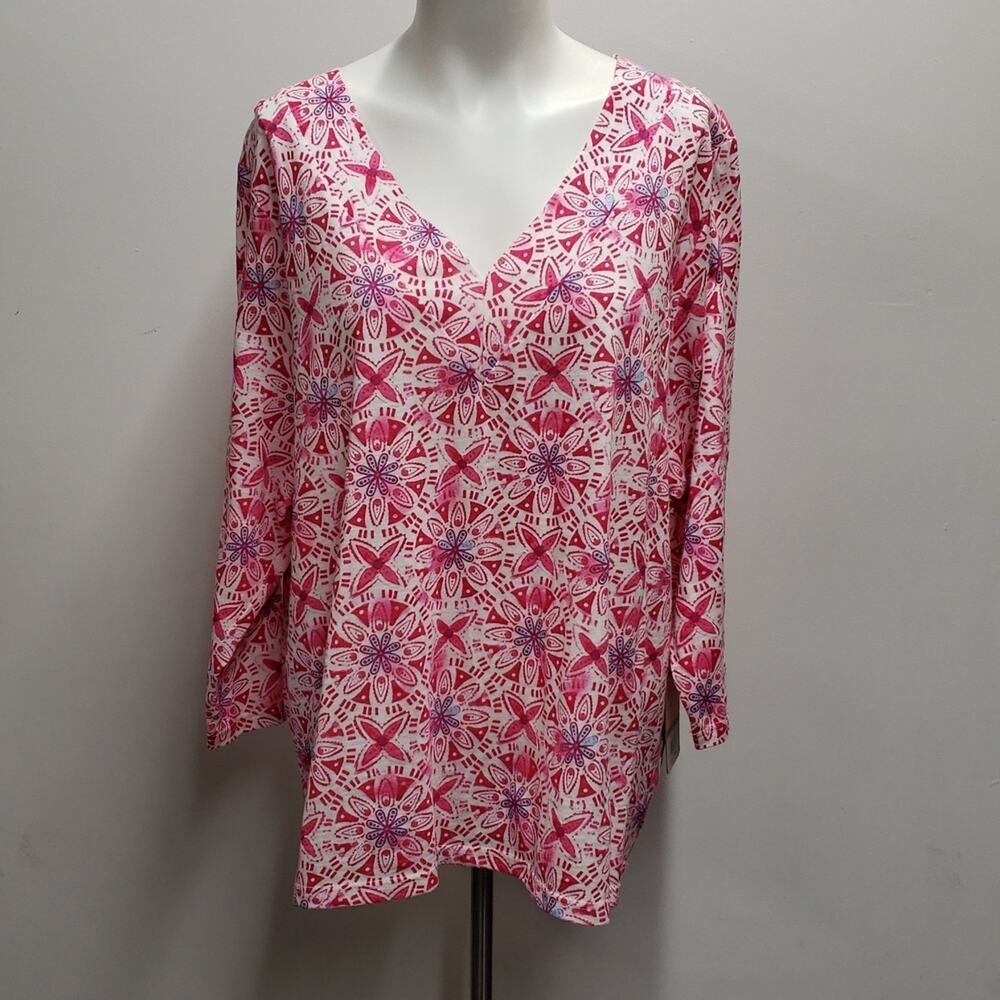Caribbean Joe Sunwashed Red V Neck Long Sleeve Top Women's 3X NWT